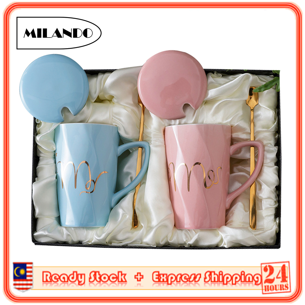 (Couple set) MILANDO 3-Piece Set Couple Mug Ceramic Cup Valentine Gift Wedding Gift Set Hadiah Cawan (Type 3)