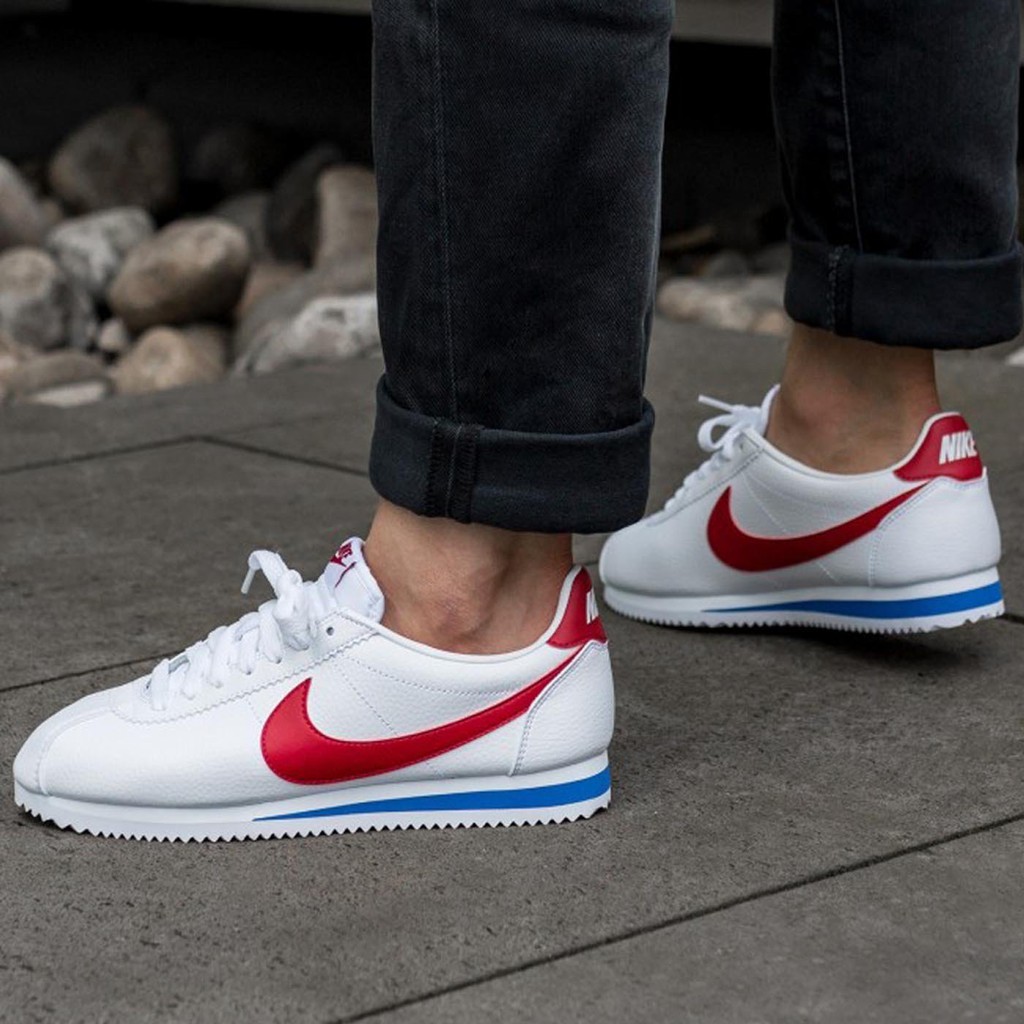 mens nike cortez leather white red blue