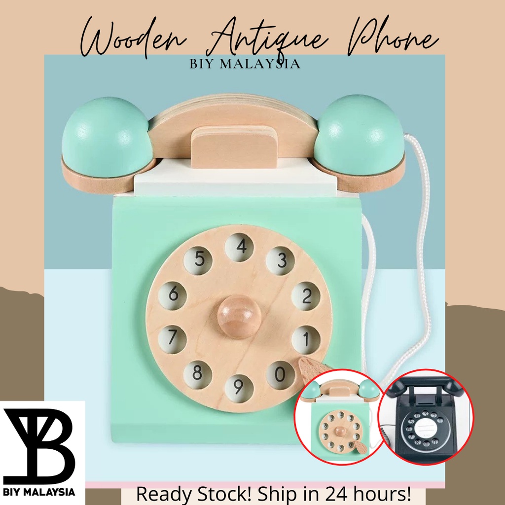 BIY MSIA Kids Wooden Playhouse Dial Telephone Toy Pretend Landline Early Educational Children