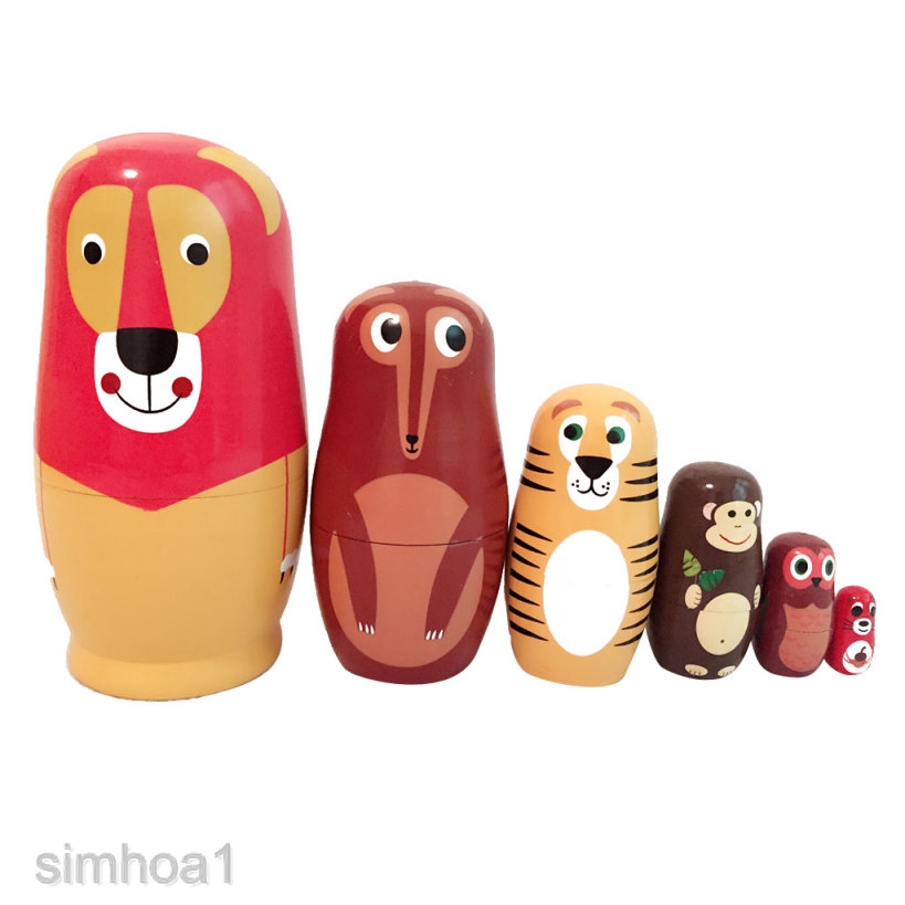 [simhoabeMY] Set of 6pcs Painted Wooden Animals Nesting Dolls Matryoshka Kids Gift