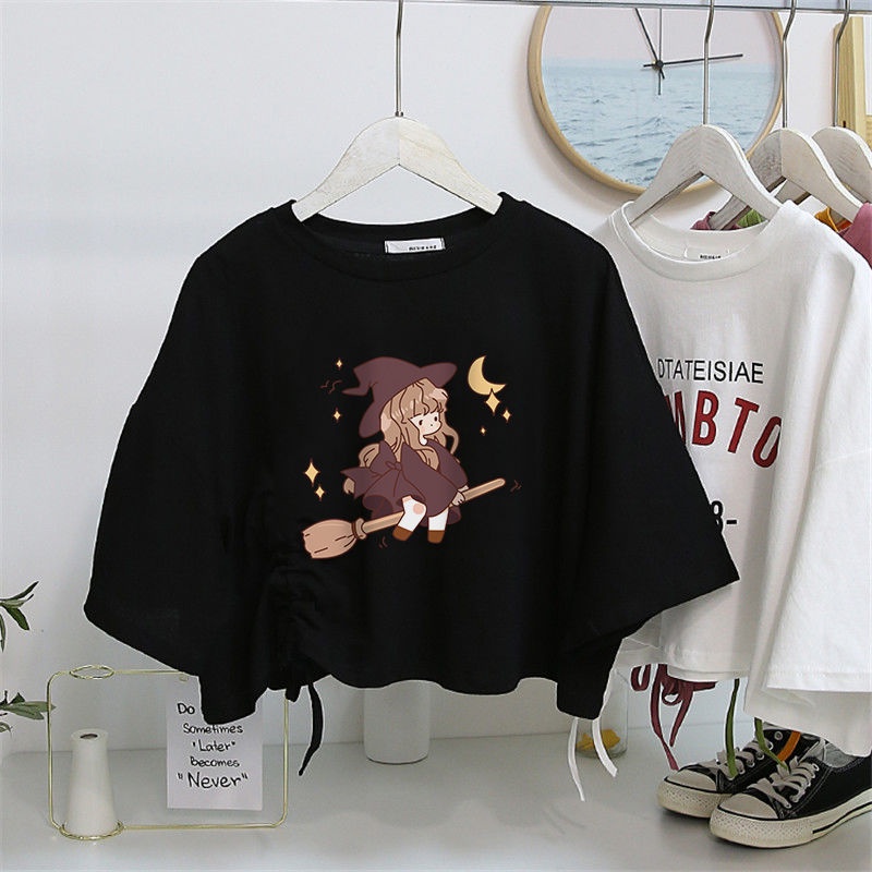 Ready Stock Drawstring Strap Short High Waist Cropped Navel Short Sleeve T-Shirt Women's Niche Design Loose Japanese Sweet and Spicy Sexy Top girl suit