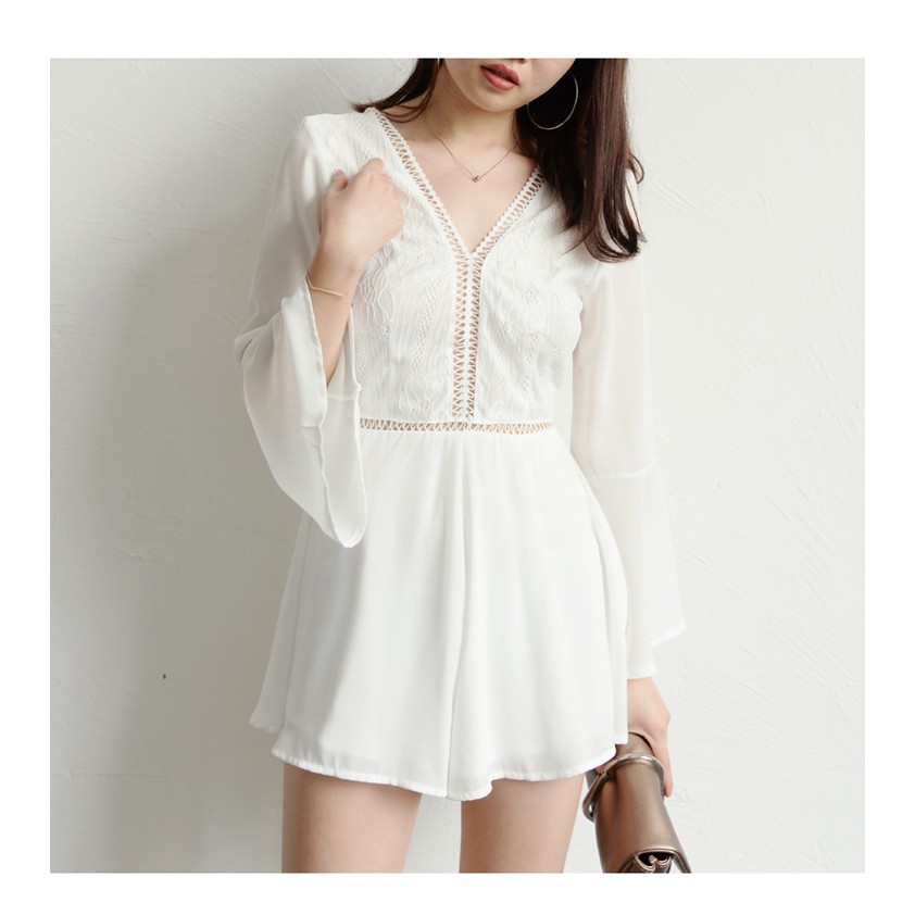 S233W - Elsa Bell Bottom Sleeve Bare Back Deep V Jumpsuit (Premium)
