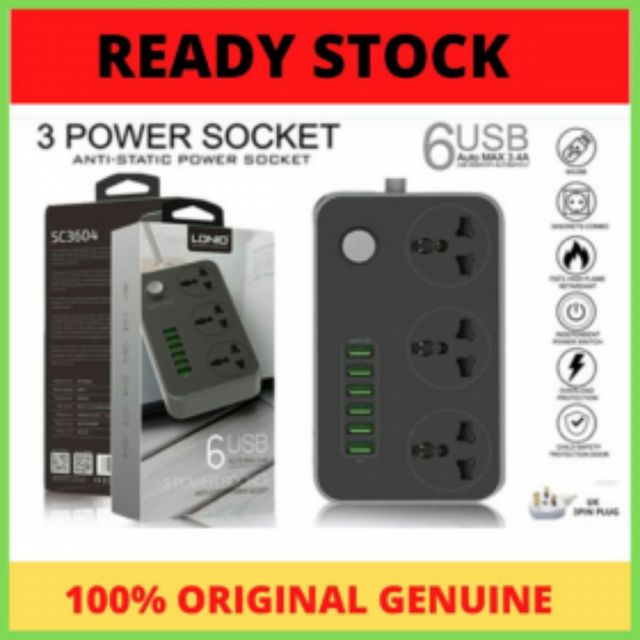 READY STOCK ORIGINAL LDNIO SC3604 POWER STRIP 3 UNIVERSAL SOCKET WITH