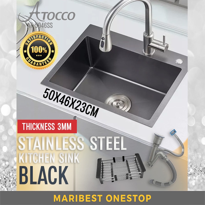 ATOCCO AT-5046BLACK Nano Kitchen Sink Black Matte Sinki 304 Stainless Steel Nano Satin Silver Basin Dapur 厨房水盆洗菜盆