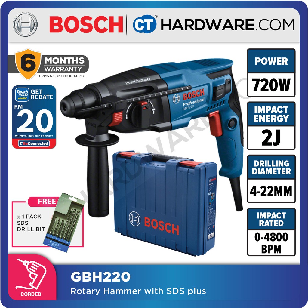 BOSCH GBH 220 PROFESSIONAL ROTARY HAMMER WITH SDS 720W 422MM 3 MODES GBH220 [ 06112A60L0