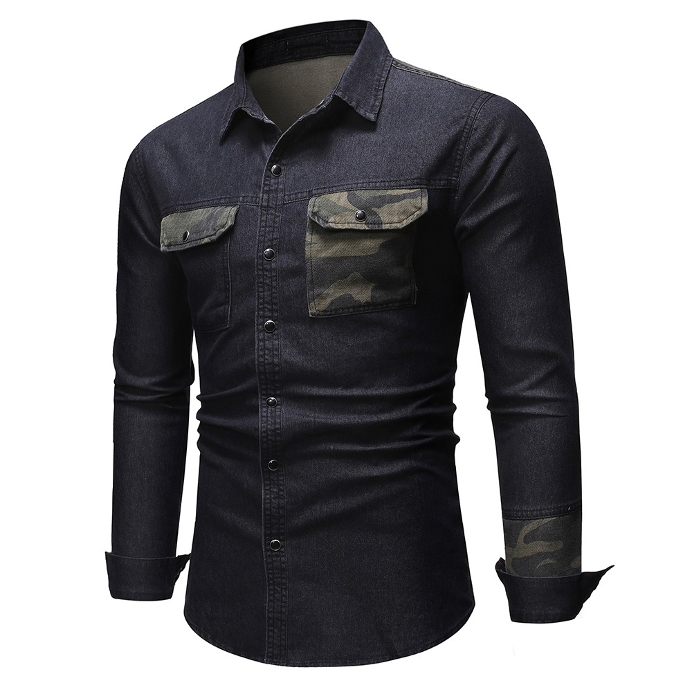 Men's Shirts Jeans Camouflage Pocket stitching Long sleeve Casual Denim ...