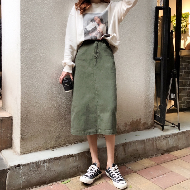 army green denim skirt