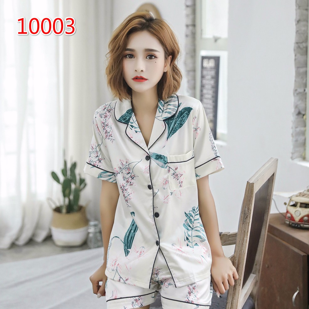 Summer Pajamas  Suit Women Short Sleeve Nightwear Satin  