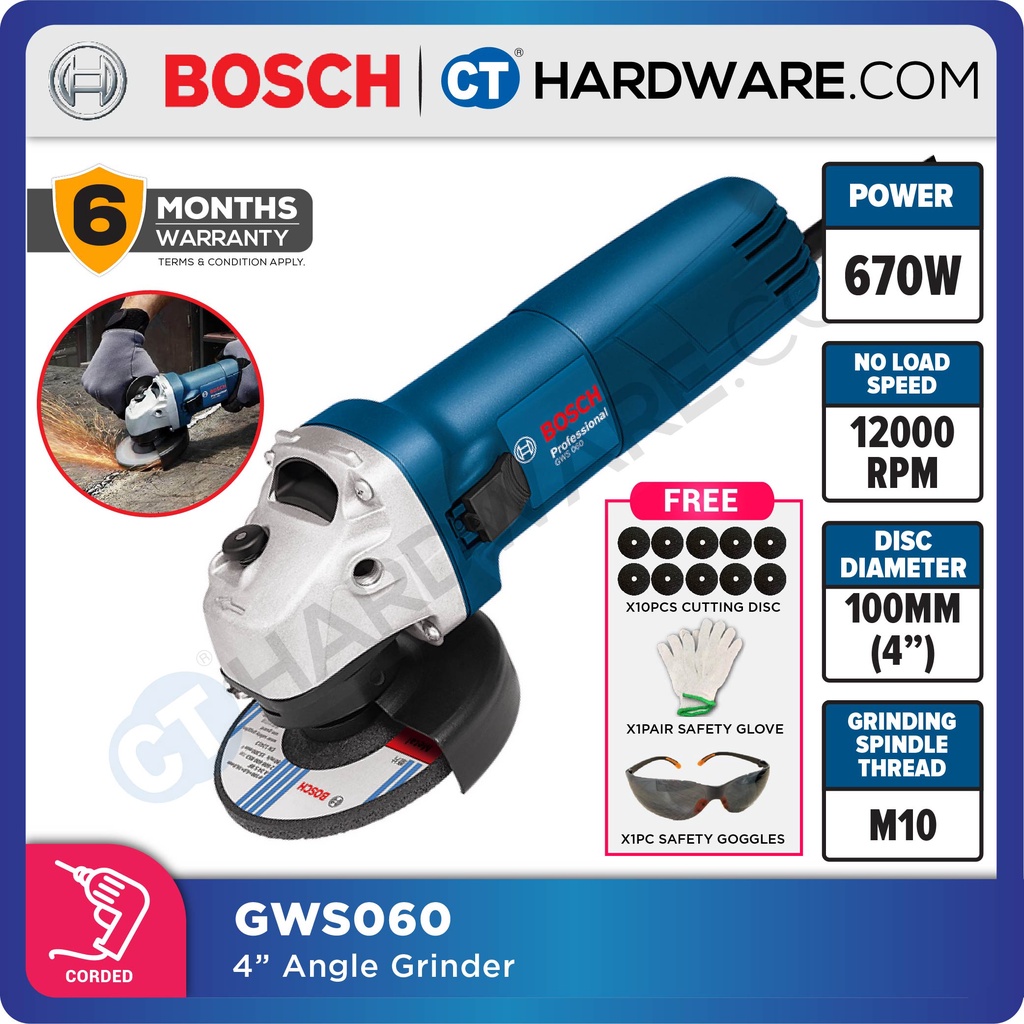 BOSCH GWS060 PROFESSIONAL CORDED ANGLE GRINDER 4" 670W M10 12