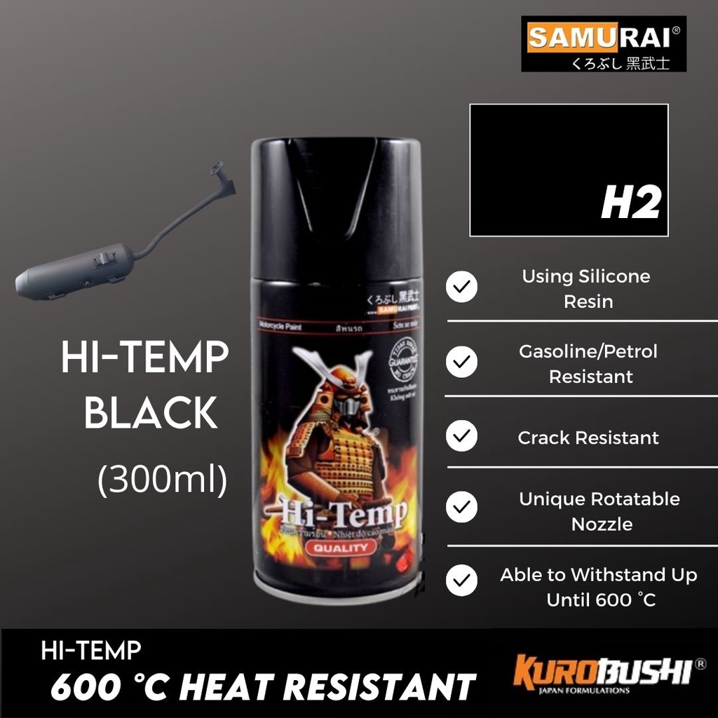 Samurai Hi Temp Spray Paint Black H2 Aerosol Spray Cat Tahan Panas Spray Exhaust Kereta & Motor