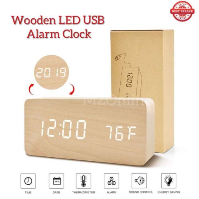 Ready StockDigital Wooden LED Alarm Clock Backlight Voice Control Wood Retro Glow