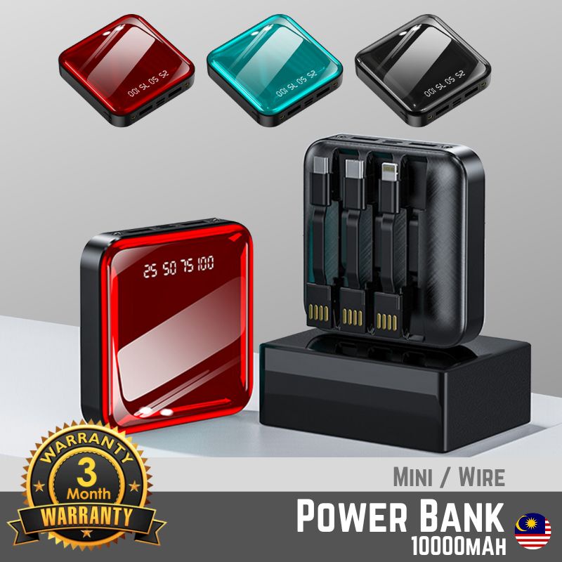 Mini Compact Power Bank with Cable 10000 mAh Portable Wire Battery Pack