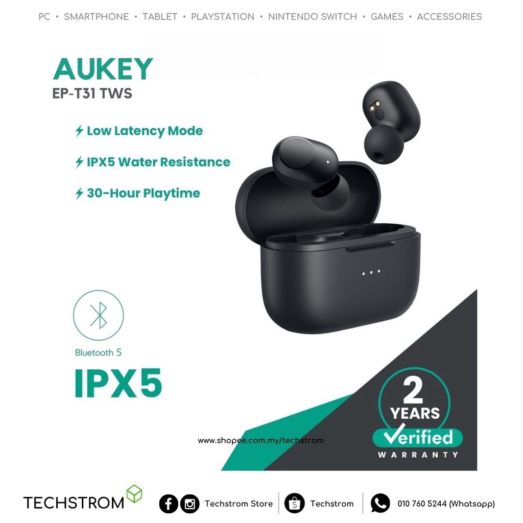 AUKEY EPT31 TWS Wireless Charging Earbuds Elevation inear Detection with Auto Gaming 65ms Low