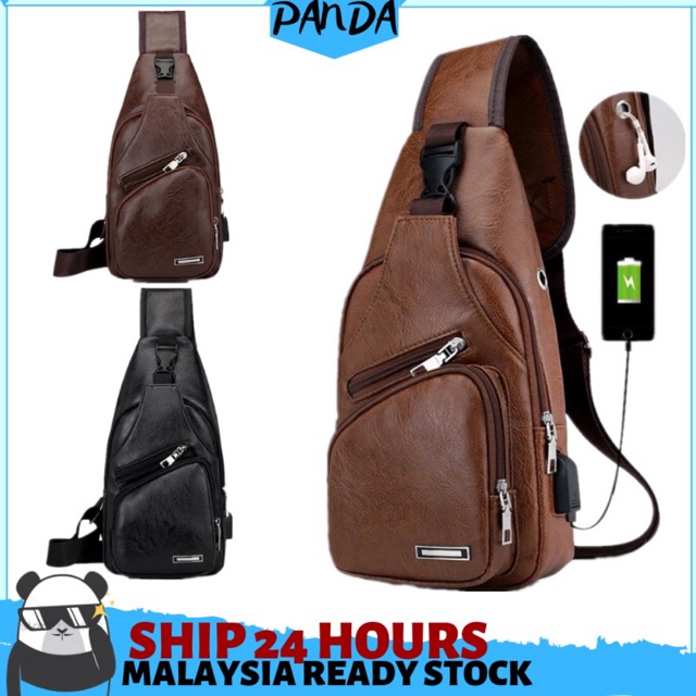 PSB15 Panda Shop ReadyStock Lelaki USB Crossbody Bag USB Leather Chest bag Men Cross body bag Bag lelaki Men bag