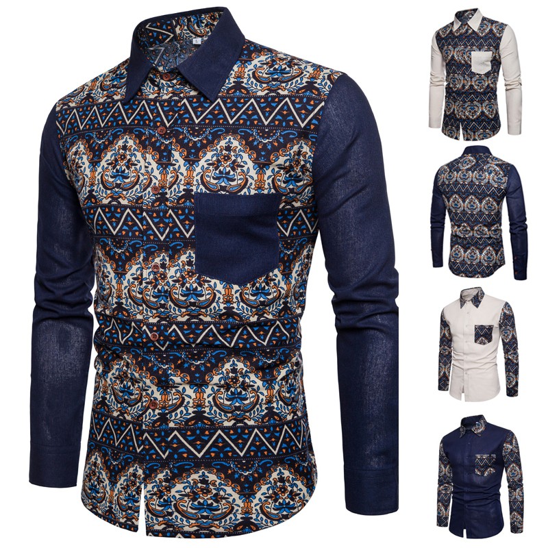 Men Casual Printing Shirts Long Sleeve Slim Fit Linen ...