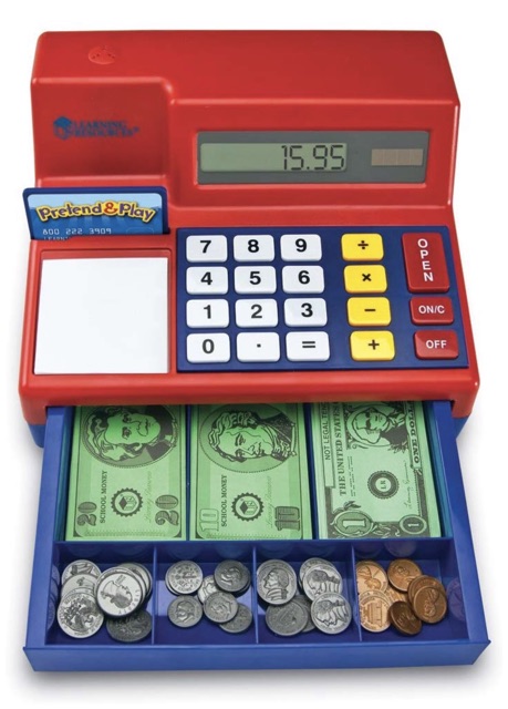 Plastic Cash Register Play Set Toy Bills Coins Kid Pretend Solar Calculator Math 