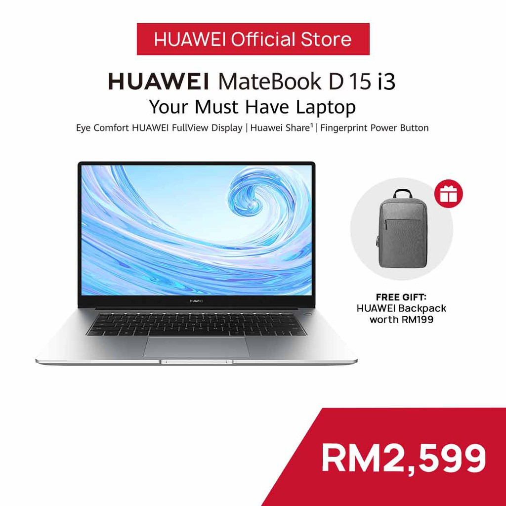 HUAWEI MateBook D15 10th i3 2021 Laptop 8GB + 256GB SSD FullView