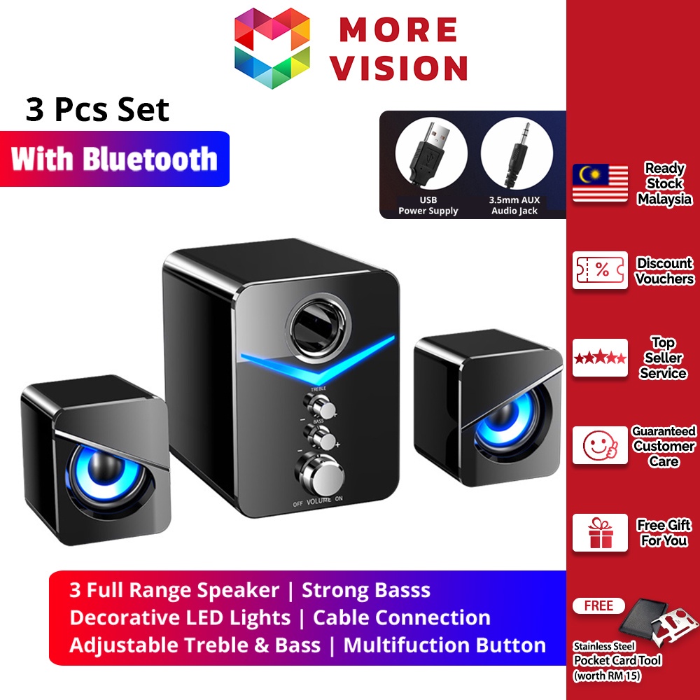 LED USB Speaker Set with Bluetooth Strong Bass Stereo Wired Sound Box Computer Laptop PC Home Audio