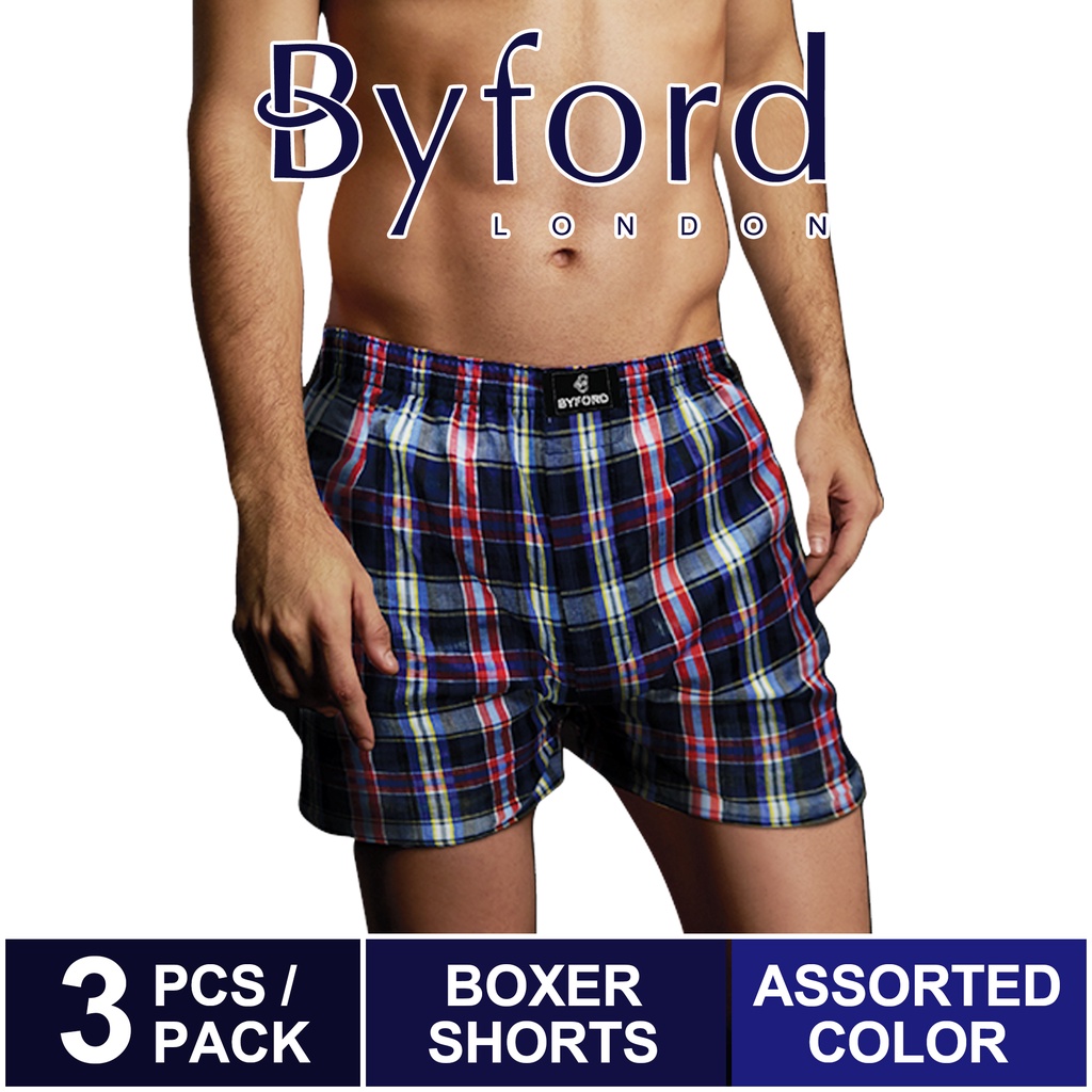 ( 3 Pieces ) Byford Underwear Woven Checks Boxer Assorted Colours ...