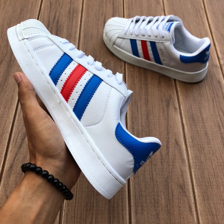 adidas superstar navy blue and red stripes