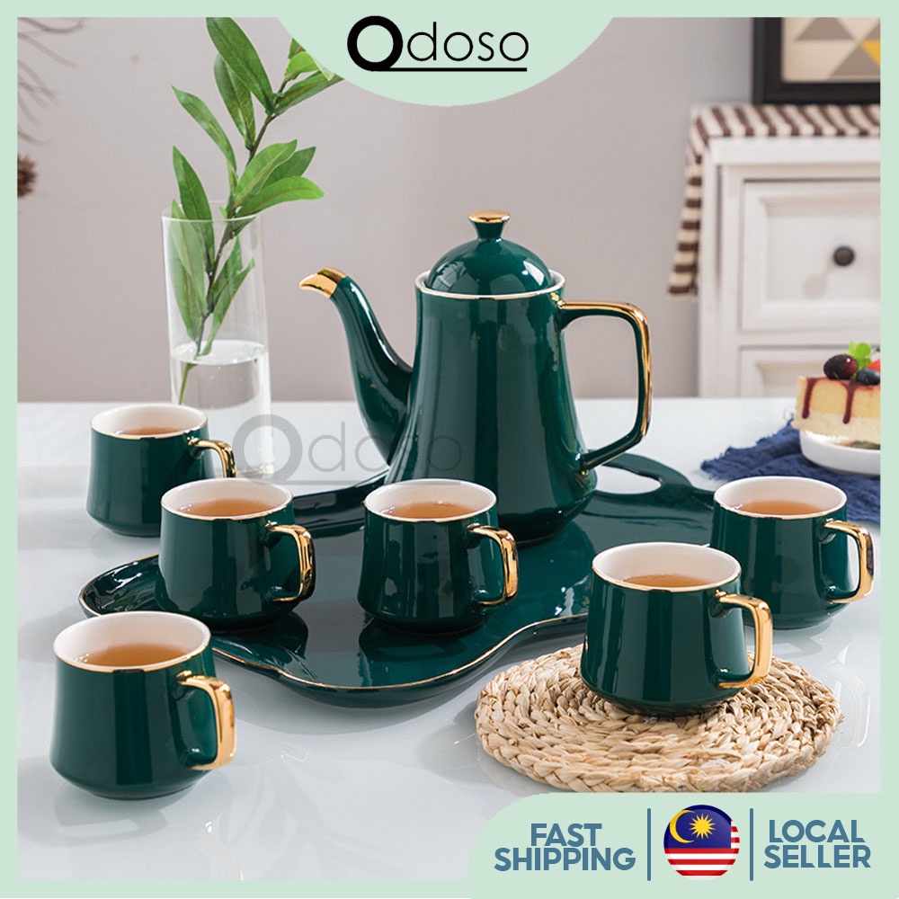 KW056 Nordic Design Tea Pot Set Noble Ceramics Tea Mugs Coffee Cups Set Mugs Set with Teapot Tray Gifts Hadiah Teko Set