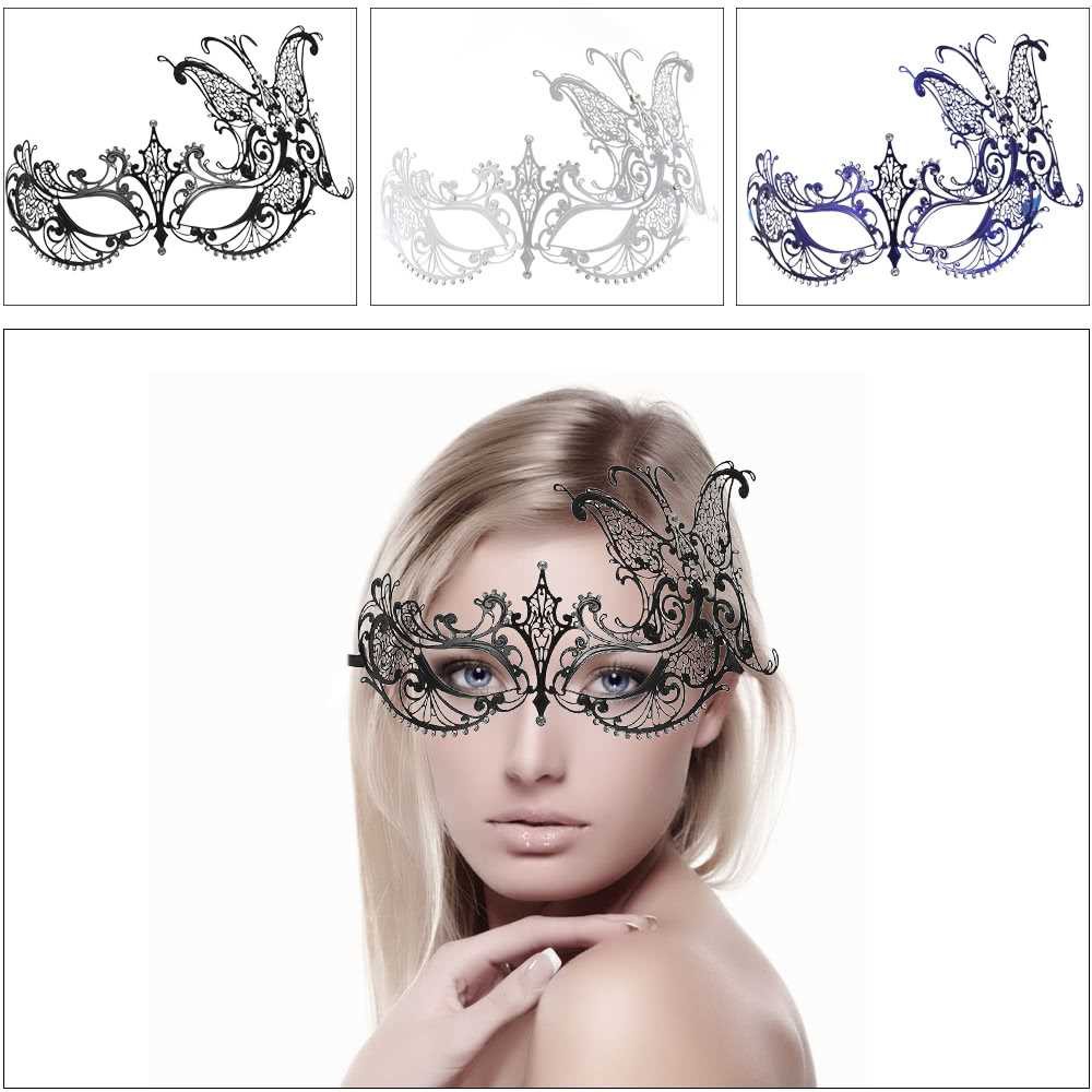 Festnight Luxury Butterfly Design Black Laser Cut Metal Half Mask with Rhinestones Masquerade