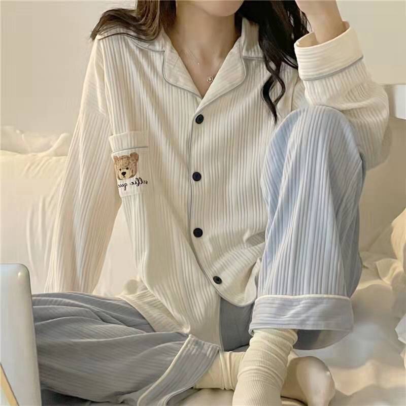 【Ready Stock??】 2in1 Sleeping setbaju tidur net red with the same popular Japanese pajamas women's autumn and winter cardigan ins sweet and simple student bear cute cartoon spring homewear suit
