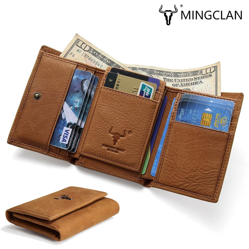 MINGCLAN Trifold Short Wallet Genuine Leather RFID Blocking Coin Pure ...