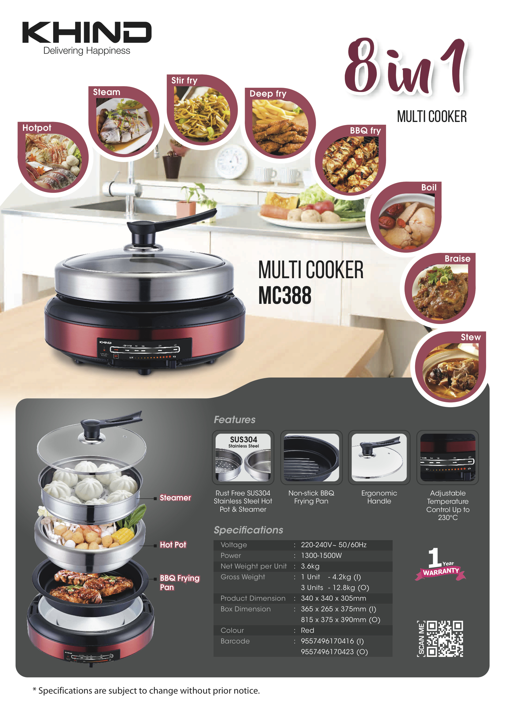 Khind 8in1 Multi Cooker SUS304 Hot Pot &amp; Steamer BBQ MC388 (HotPot,Steam,Stir Fry,Deep Fry,BBQ Fry,Boil,Braise,Stew) | Shopee Malaysia