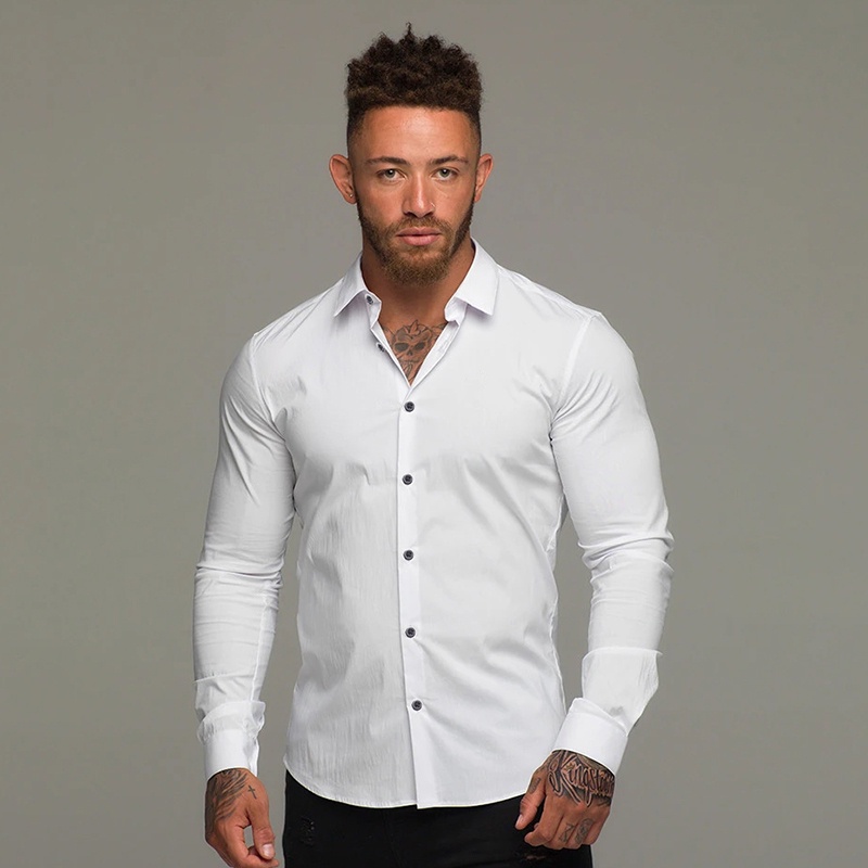 Mens Fashion Casual long Sleeve Shirt Solid Super Slim Fit Male Social Business Dress Shirt Spring Autumn Men Fitness Sports Clothing