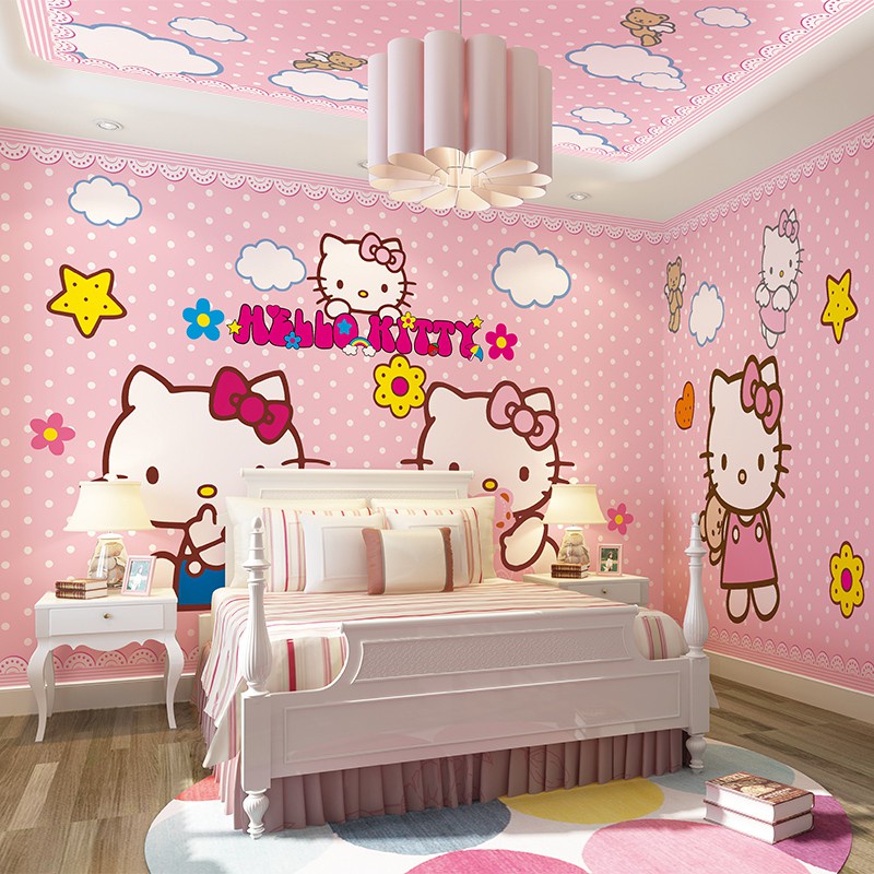 Beibei 3d children's room wallpaper pink KT cat girl cute cartoon bedroom  background wall wallpaper mural | Shopee Malaysia