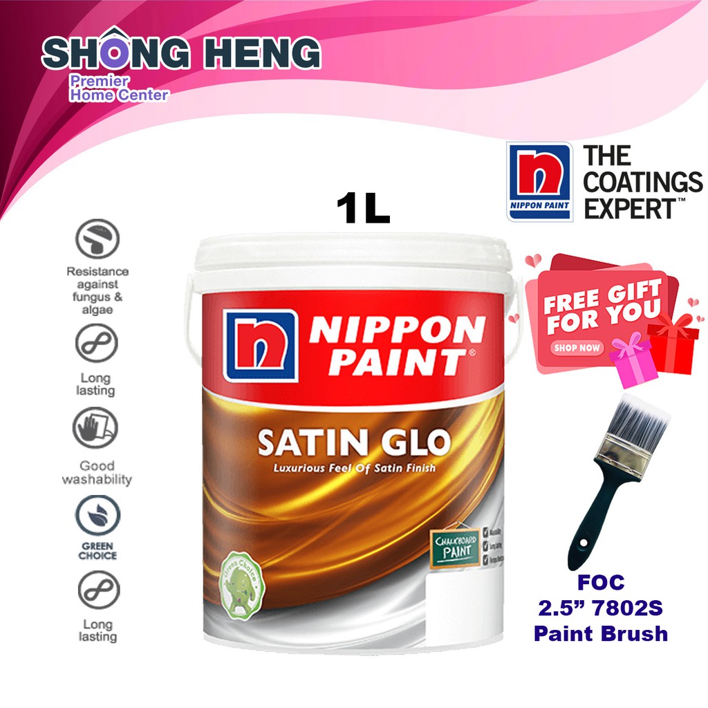Nippon Paint Satin Glo 474 Apple White 1L + Freegift 2.5" Paint Brush