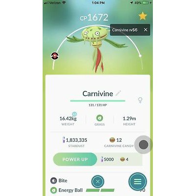 Carnivine Pokemon Go Regional Trade High Cp Save Stardust Candy Shopee Malaysia