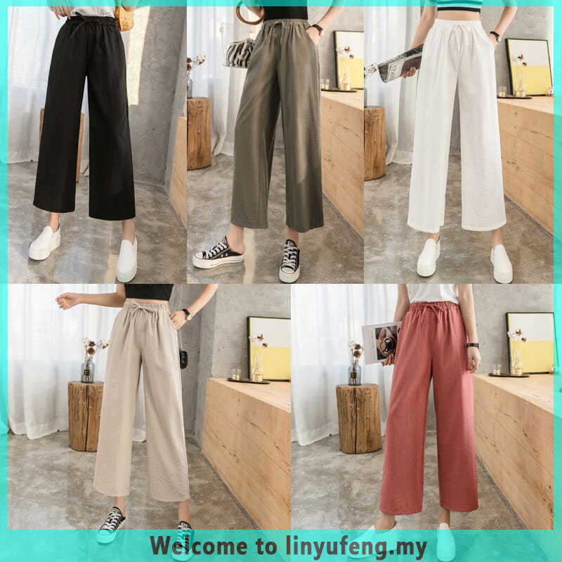 S-4XL Women Casual Long Pants Linen & Cotton High Waist Muslimah ...