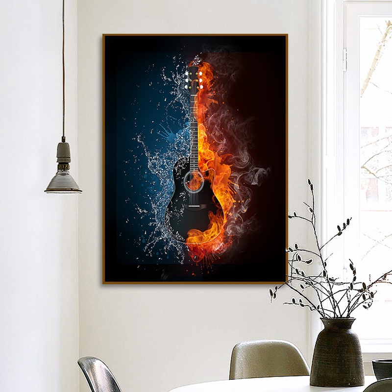 Water and fire creative music guitar note poster hd printing image modern art living room decoration wall home