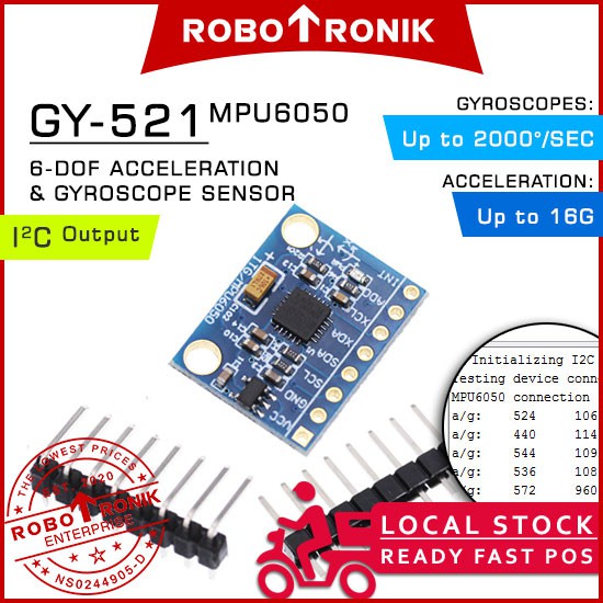 GY-521 (MPU6050) 6-DOF 3-Axis Gyro Gyroscope & Accelerometer Module - 16-Bit Output I2C Interface - Arduino 3軸 陀螺儀 加速儀