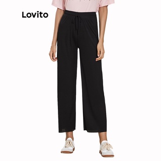 Lovito Plain High Waist Wide Leg Pants L02066 (Beige/Black)