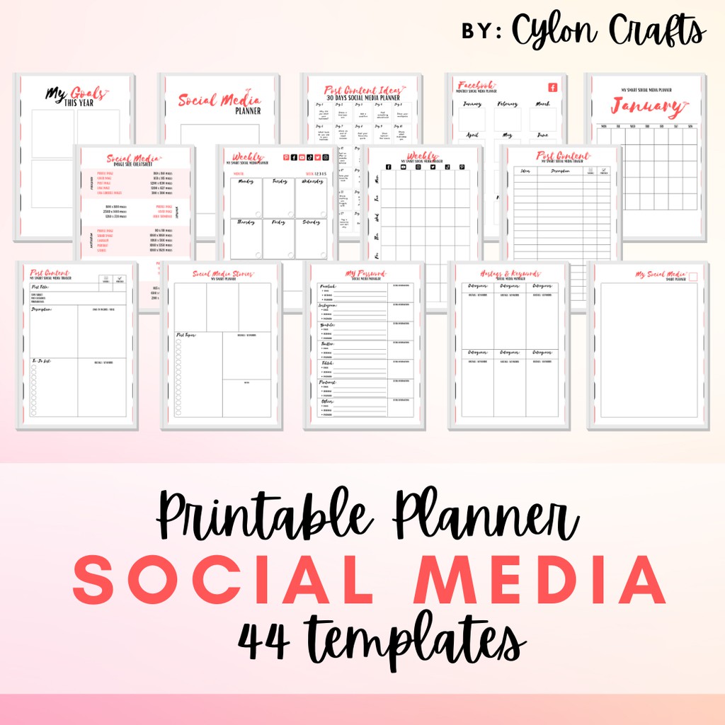 PRINTABLE SMART Social Media Planner-Red/Pink, Post content ideas tracker/Manager, INSTANT DOWNLOADS