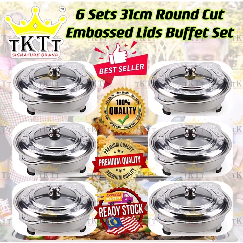 2.TKTT ™️ 6 Set 31cm Embossed Glass Stainless Steel Buffet Set Catering Serving Tray Food Pan Bekas Katering Serbaguna