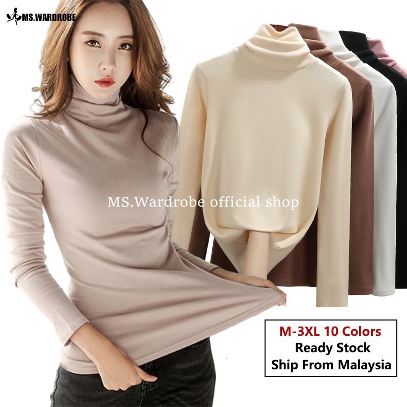 【READY STOCK】High Neck Women Long Sleeve Casual Solid Color Shirt Turtle High Neck Muslimah style Baju High Neck shirt