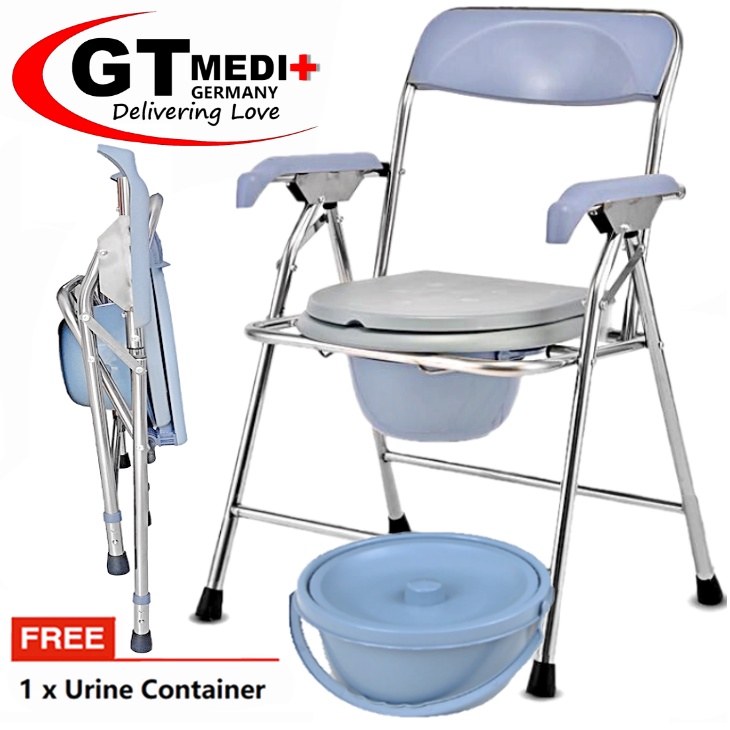 GT MEDIT GERMANY Aluminium Foldable Commode Chair Bath Shower Seat Mobile Potty Toilet Bowl + Urine Tray / Tandas Kerusi