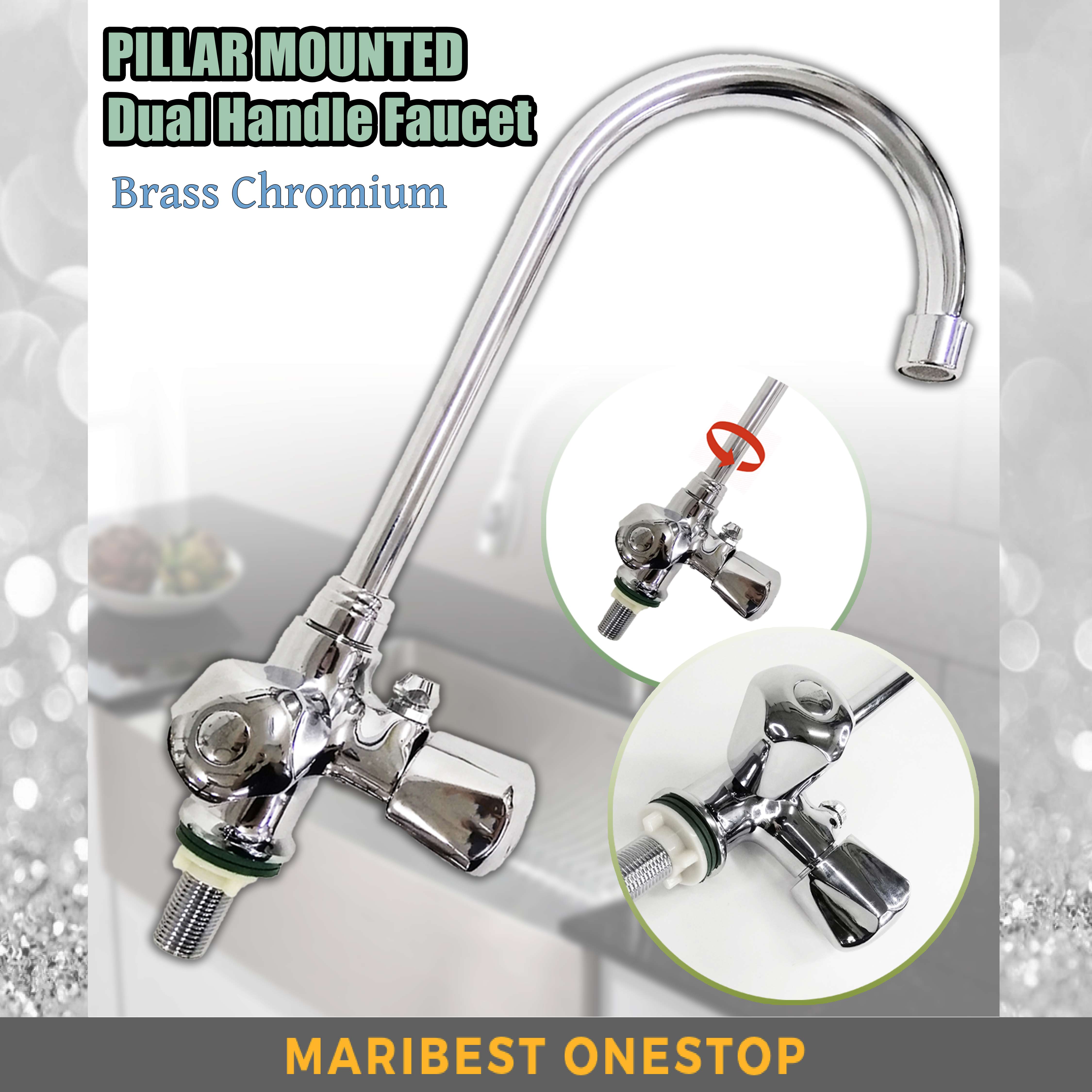 INHO 6736 PILLAR MOUNTED TAP Brass Chromium Dual Handle Kitchen Faucet Washbasin 360 Rotate