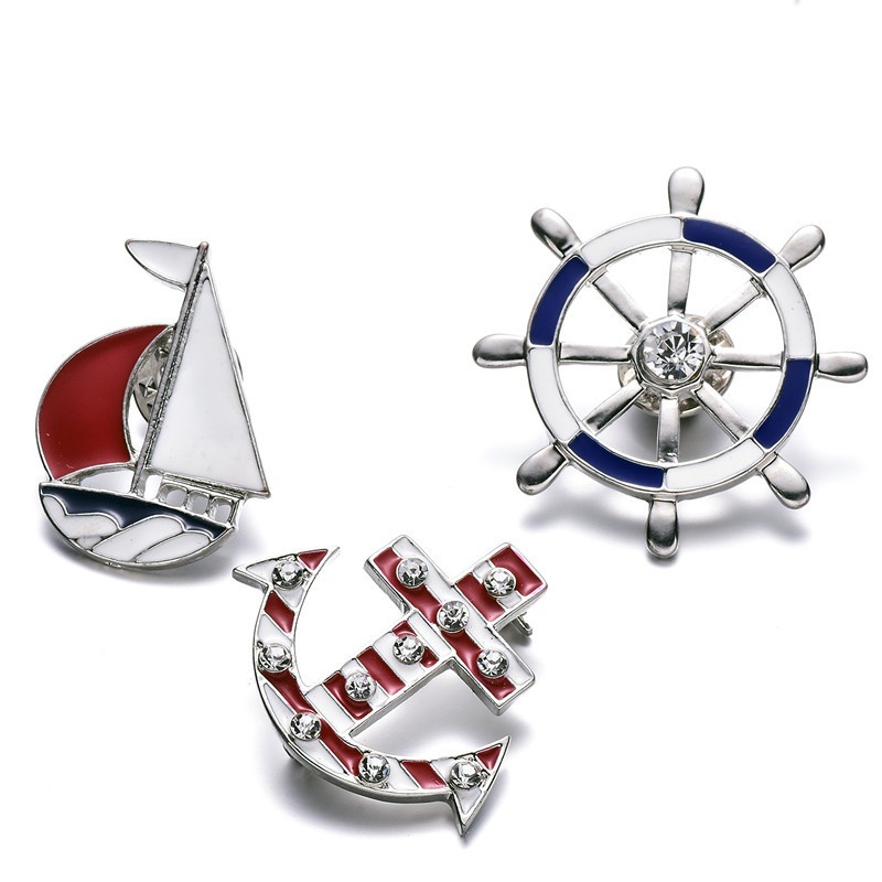 Ships Brooches for Man Women Blue Red Crystal Sailboat Helm Enamel Lapel Pins and Brooches Jewellery Bijuteria