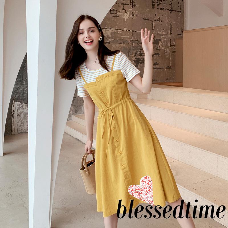 Now Summer Autumn Women Version Stripe Round Neck Short Sleeve One Piece Dress Shopee Malaysia