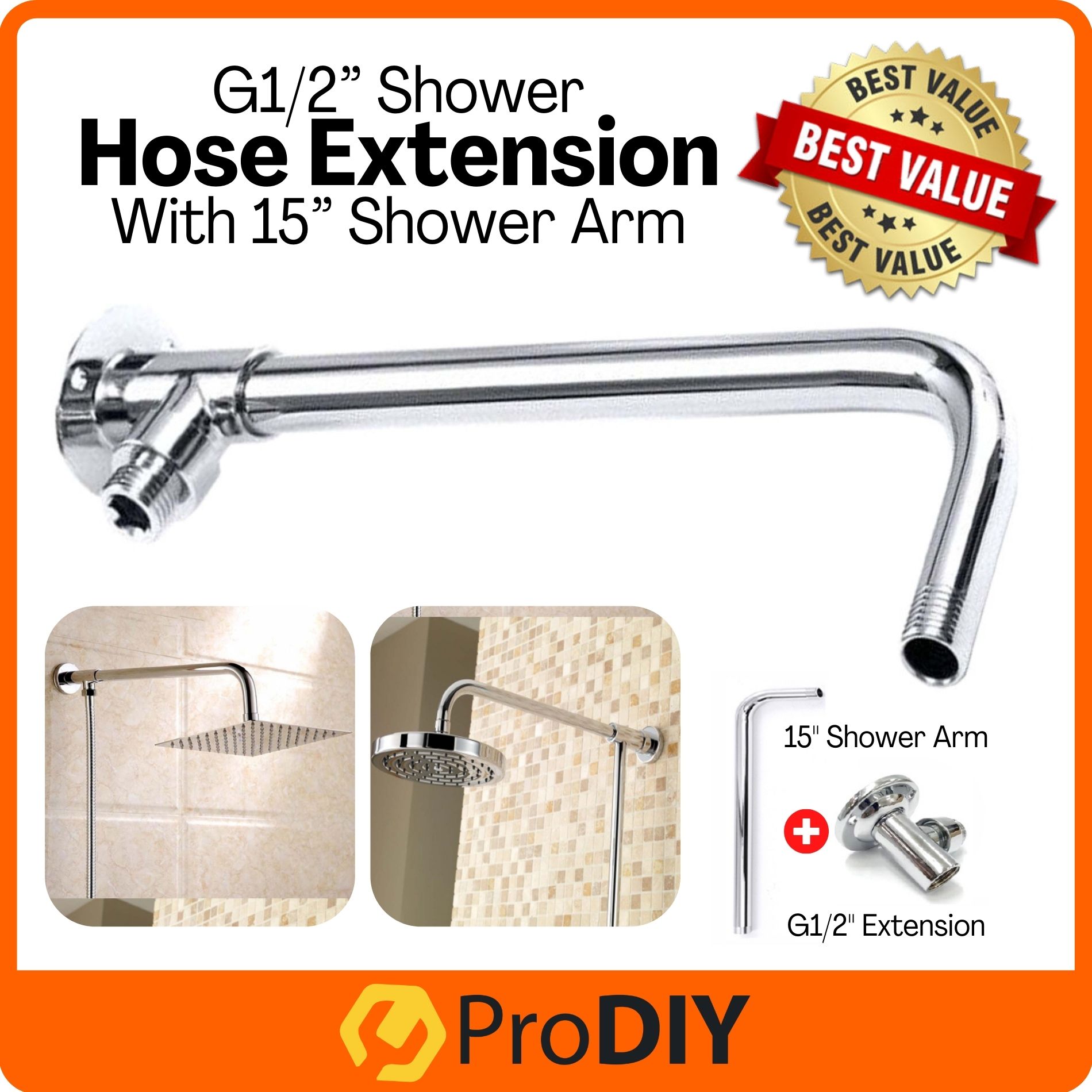 Stainless Steel G1/2” Shower Hose Extension Wall Mounted Bottom Entry Shower Extension With 15” Shower Arm ( FK-201545 )