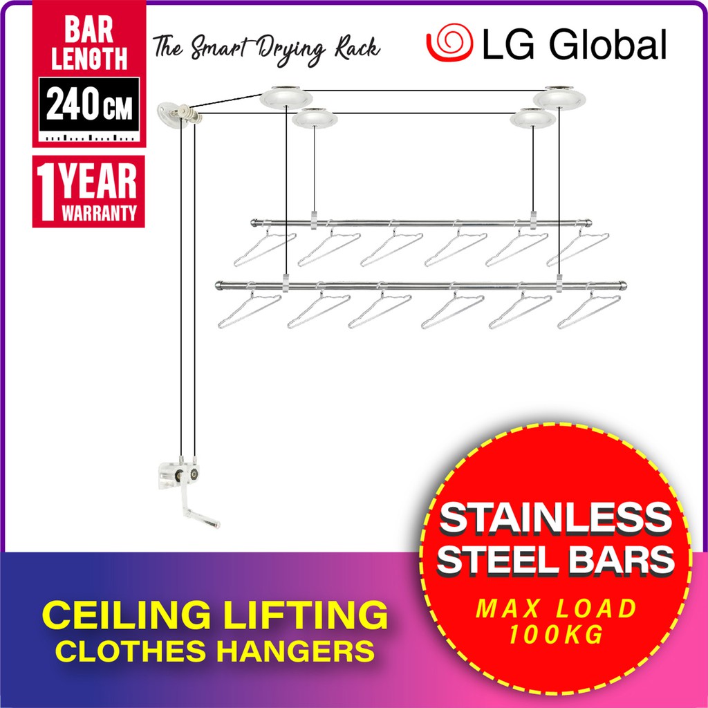 Lg888ss 240cm Ceiling Clothes Drying Rack 2 Bars Drying Rack Hanger