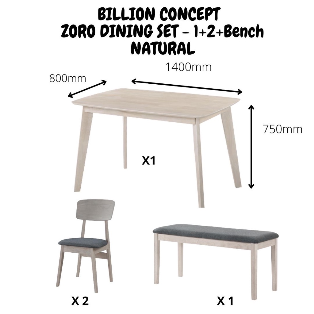 ~ READY STOCK~ BILLION CONCEPT - ZORO 4 SEATER SOLID WOOD DINING SET