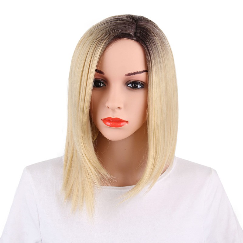 Short Straight Ombre Blonde Bob Hair Dark Roots Synthetic Side