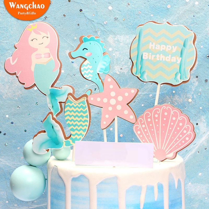 1 Set Beautiful Happy Birthday Mermaid Cake Topper Shell Sea Star