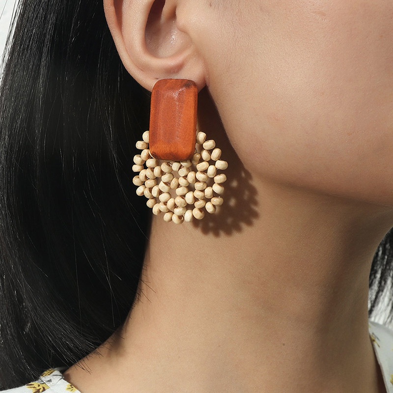 Bohemian Hand-woven Geometric Wooden Bead Earrings Women's Trend Wooden Earrings for Girl Jewelry